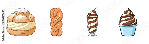 Assorted sweets: cream puff, braided pastry, chocolate sundae, swirl soft serve