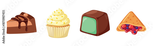 Variety of desserts: chocolate cake, cupcake, chocolate candy, filled pastry