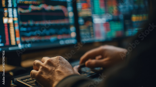 A person typing on a keyboard in front of multiple computer screens displaying stock market data and graphs