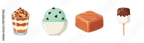 Delicious desserts: tiramisu, mint chocolate chip ice cream, caramel, chocolate marshmallow