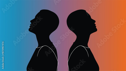 Duality Concept with Human Silhouettes on Blue and Orange Gradient Background