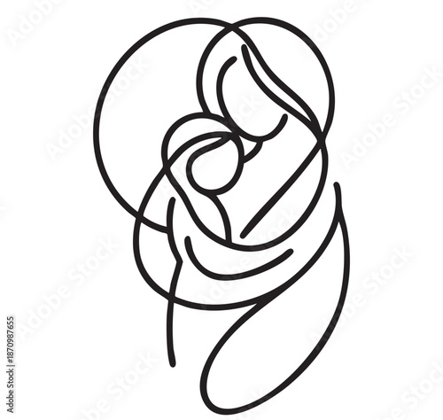 Continuous line drawing of mother and baby family concept card sketch logo