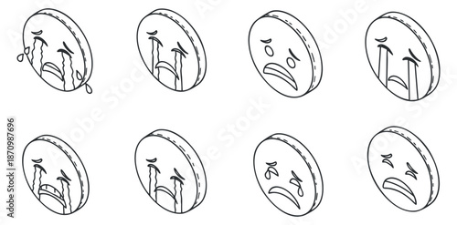 A set of sad face icons featuring various expressions in black and white outline vector style, suitable for emotional design projects