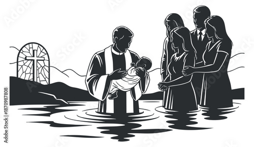 A baptism ceremony with a priest holding a baby in water, illustrated in black and white vector style, ideal for religious themes and publications