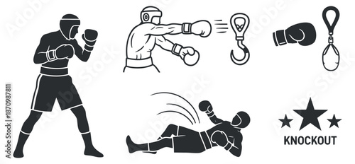 A collection of boxing illustrations featuring a fighter, punch action, boxing gloves, and a knockout star emblem in black and white vector style, ideal for sports branding and gym promotions