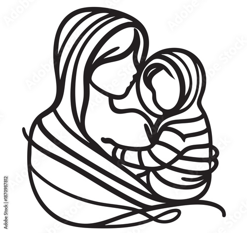 Continuous line drawing of mother and baby family concept card sketch logo