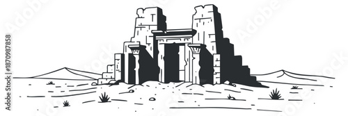 An ancient temple structure in a desert landscape, depicted in black and white outline vector style, suitable for historical illustrations.