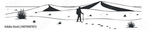 A silhouette of a hiker trekking through a desert landscape in minimalist black and white vector style, ideal for outdoor adventure themes