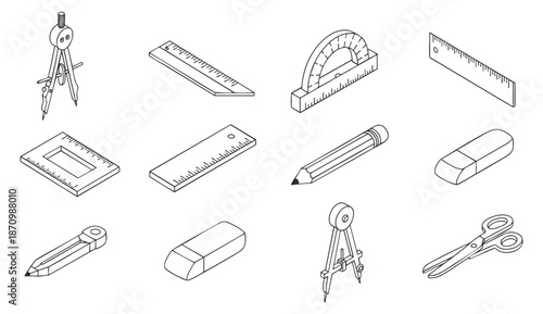 A collection of drawing and measuring tools including rulers, compass, protractor, and scissors in clean outline vector style, ideal for educational materials and design projects
