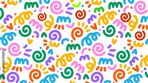 Vibrant seamless pattern with abstract colorful spirals, swirls, and squiggly lines on a white background. Playful vector illustration for kids' textile, gift wrap, and decor designs.