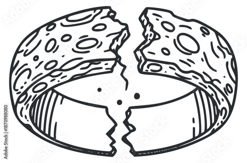 A broken cheese ring illustration in playful outline vector style, suitable for food-themed designs and culinary projects