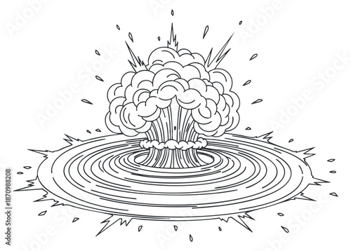 A nuclear explosion with smoke and shockwave in black and white outline vector style, suitable for graphic design and educational materials