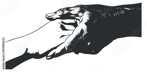 A close-up of two hands reaching out and connecting in black and white outline vector style, ideal for themes of support and unity
