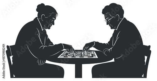 A silhouette of two elderly individuals playing chess at a table in a minimalist vector style, perfect for illustrating leisure activities among seniors