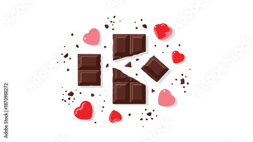 Delectable broken chocolate bar pieces scattered with adorable red and pink heart shapes, perfect for celebrating Valentine's Day or expressing love.