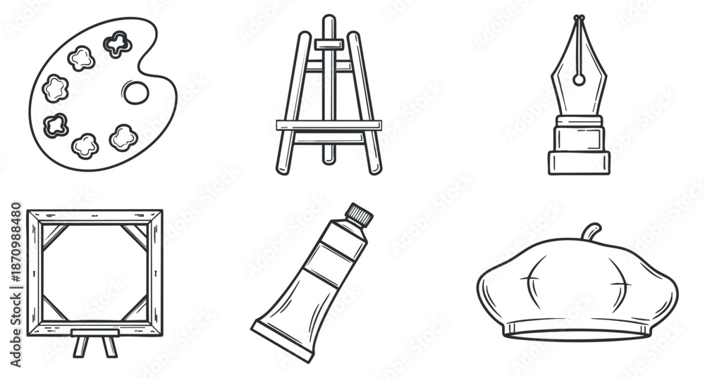 Fototapeta premium A collection of artistic tools including a palette, easel, paint tube, and beret in minimalist outline vector style, perfect for art-related projects