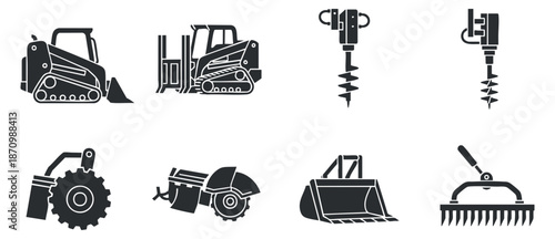 A collection of construction machinery icons including excavators, bulldozers, and drilling tools in flat black vector style, ideal for engineering and construction projects