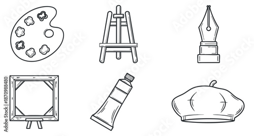 A collection of artistic tools including a palette, easel, paint tube, and beret in minimalist outline vector style, perfect for art-related projects