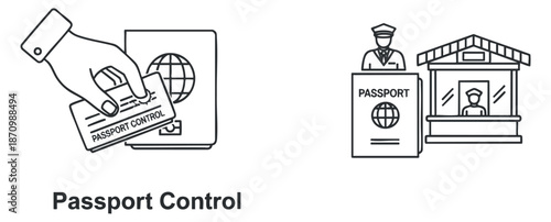 A set of passport control icons illustrating a hand holding a passport and a border checkpoint with an officer in flat black and white vector style, suitable for travel and security applications
