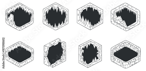 A set of eight cave mouth icons in black and white outline vector style, ideal for fantasy and horror themes