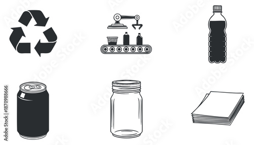 A collection of recycling icons including a recycle symbol, bottles, cans, and jars in minimalist black and white vector style, suitable for environmental awareness projects