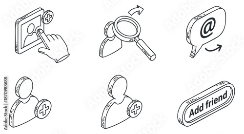 A set of social media friendship icons in clean outline vector style, suitable for app development and user interface design