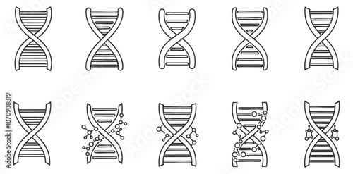 A collection of DNA double helix icons in minimalist black and white vector style, suitable for scientific and educational projects