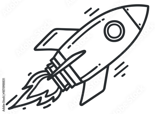 A rocket launching into space in a clean outline vector style, ideal for technology and startup projects
