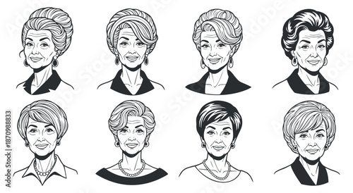 A collection of elegant female portraits in black and white line art vector style, suitable for fashion and beauty projects