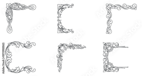 A collection of elegant decorative corner ornaments in intricate black line art style, ideal for vintage design projects