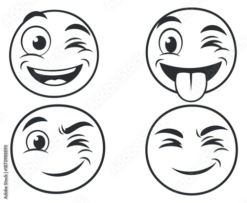 A collection of four playful emoticons featuring winking and smiling expressions in black and white outline style, perfect for digital communication designs