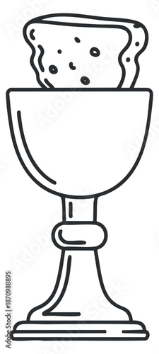 A cup with bread on top in outline vector style, ideal for religious and spiritual illustrations