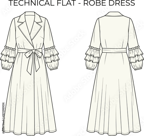 Robe dress technical flat sketch, front and back views, tiered ruffle sleeve wrap design, flat vector illustration
