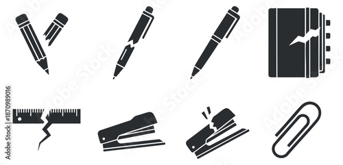 A collection of stationery icons including pencils, pens, ruler, stapler, and paperclip in black and white minimalist vector style, ideal for educational and office design projects