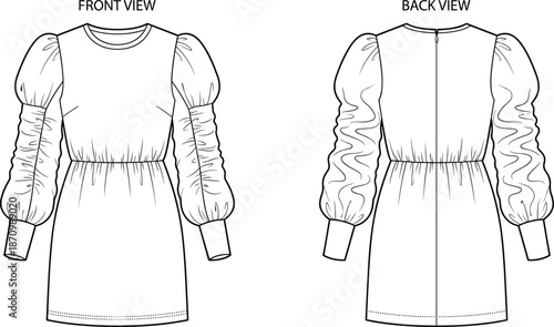 Ruched puff sleeve dress technical drawing, front and back views, gathered waist fashion sketch, flat vector illustration