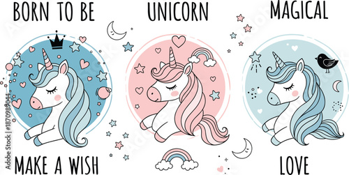 Three unicorn heads with text, pastel fantasy cartoon, magical creature design, kids artwork, flat vector illustration