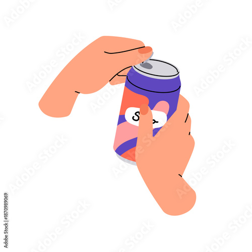 Human hands with can of soda. Person holds carbonated beverage with fruit flavor. Character opens metal bottle of sparkling refreshing soft drink. Flat isolated vector illustration on white background