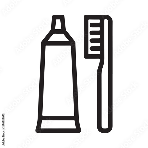 Simple black and white illustration depicting a tube of toothpaste and a toothbrush