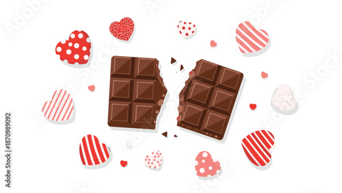 Delicious broken chocolate bar with a bite taken out, surrounded by an assortment of charming red, pink, and white heart-patterned cookies, perfect for a sweet occasion.