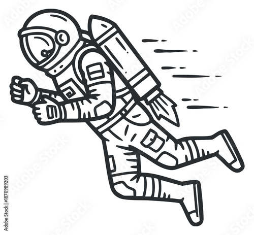 An astronaut with a rocket pack in a playful cartoon outline style, perfect for space-themed projects and illustrations