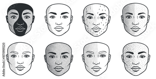 A collection of diverse facial illustrations showcasing different skin tones and features in flat vector style, ideal for beauty and inclusivity projects