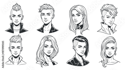 A collection of diverse male and female character portraits in black and white outline vector style, ideal for fashion design and branding