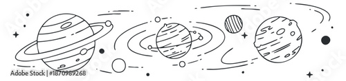 A collection of outline illustrations of planets and stars in black and white vector style, ideal for educational materials and space-themed designs