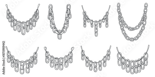 A collection of outline chain designs featuring various styles of links in minimalist vector style, ideal for fashion and jewelry design