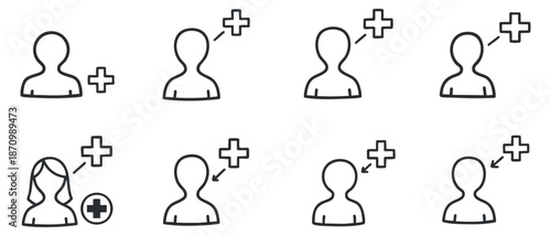 A collection of user icons with add symbols in minimalist black line vector style, ideal for social media and networking applications