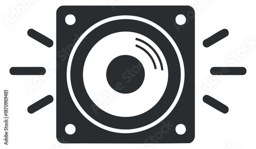 A black and white illustration of a loudspeaker with sound waves in modern flat vector style, suitable for audio and music projects