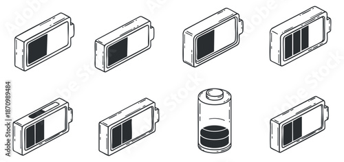 A collection of battery icons in black and white outline vector style, suitable for technology and energy-related projects