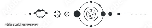 A collection of planets and celestial elements in black and white minimalist vector style, suitable for educational and creative projects