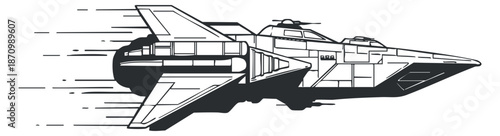 A futuristic spaceship in dynamic motion with speed lines in a minimalist black and white vector style, suitable for sci-fi designs and illustrations