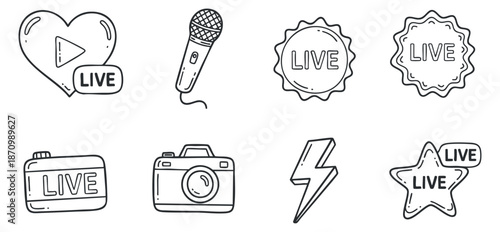 A collection of live streaming icons including a heart, microphone, badge, camera, lightning bolt, and star in outline vector style, perfect for social media and event promotion